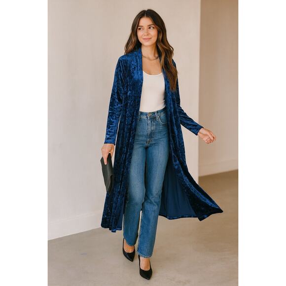 Other Sweaters - Navy Blue Jewel Tone Crushed Velvet Longline Cardigan Duster | Open Front | Sm